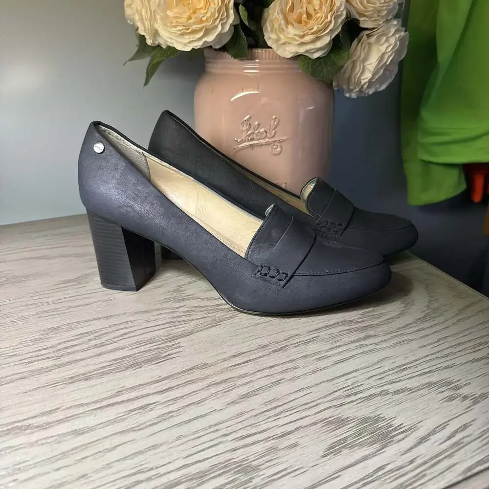 Calvin Klein Onada Black Faux Leather Slip On Loafer‎ Chunky Heels